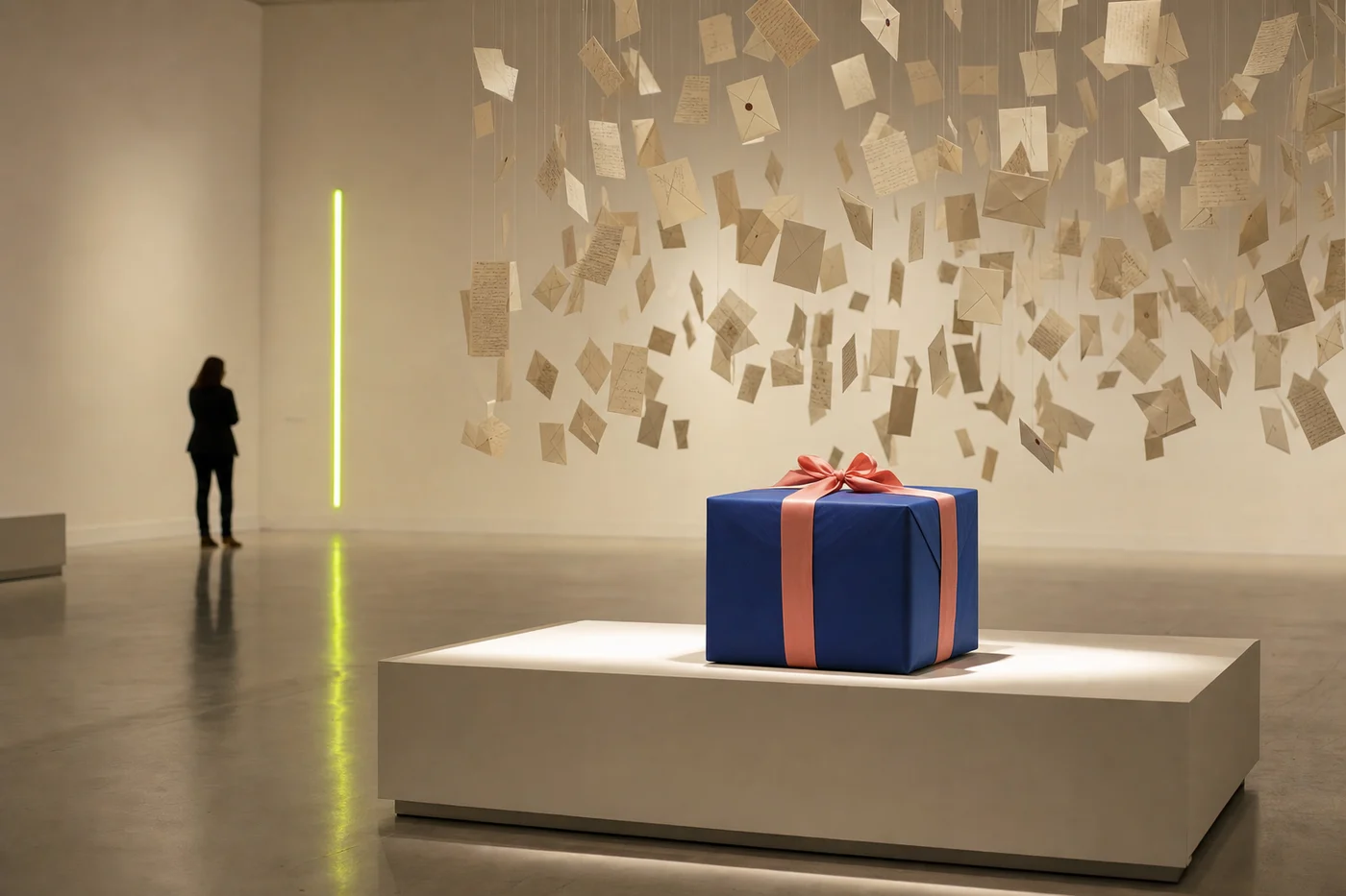 Installazione in galleria: un grande pacco blu con fiocco corallo illuminato su un basamento bianco, sotto una nuvola di lettere avorio sospese a fili sottili